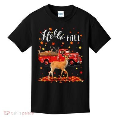 Maple Deer Leaf Fall Autumn Red Truck Gift Kids T-Shirt
