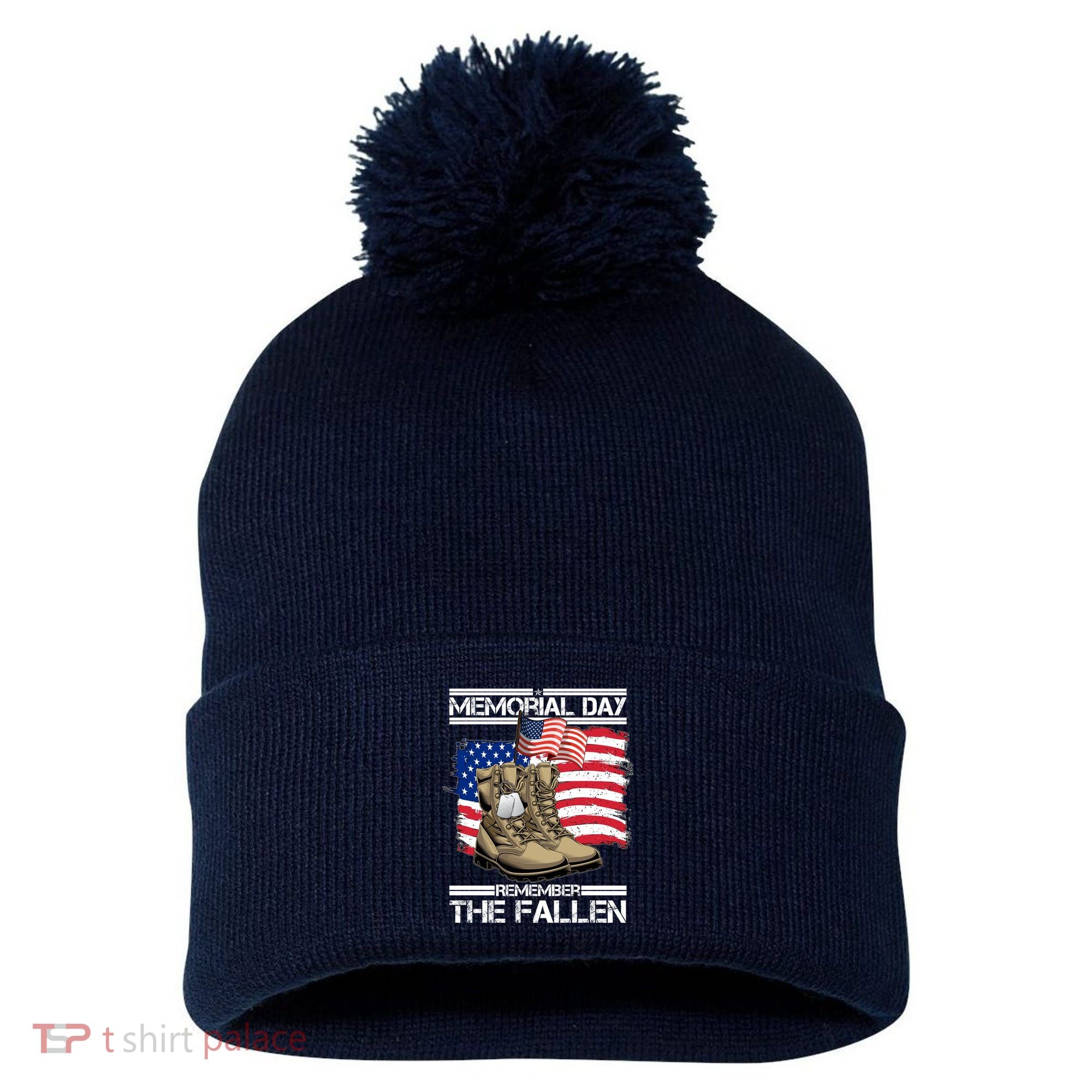 Memorial Day Remember The Fallen Pom Pom 12in Knit Beanie
