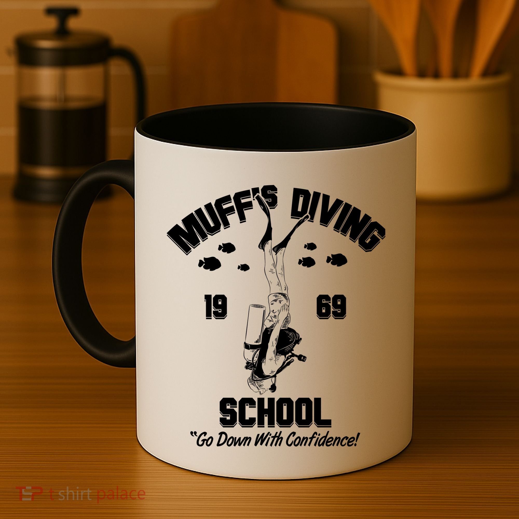 Muffs Diving School 1969 Go Down With Confidence Coffee Mug
