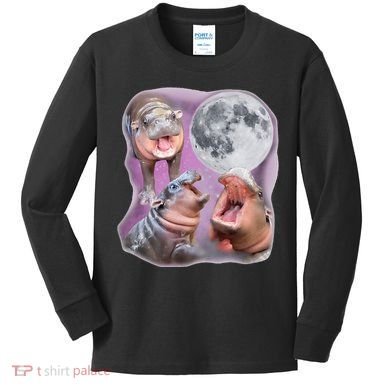 Moo Deng Three Moo Deng Moon Funny Hippo Kids Long Sleeve Shirt