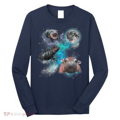 Moo Deng Three Moo Deng Moon Funny Hippo Universe Galaxy Long Sleeve Shirt