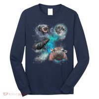 Moo Deng Three Moo Deng Moon Funny Hippo Universe Galaxy Long Sleeve Shirt thumb 0