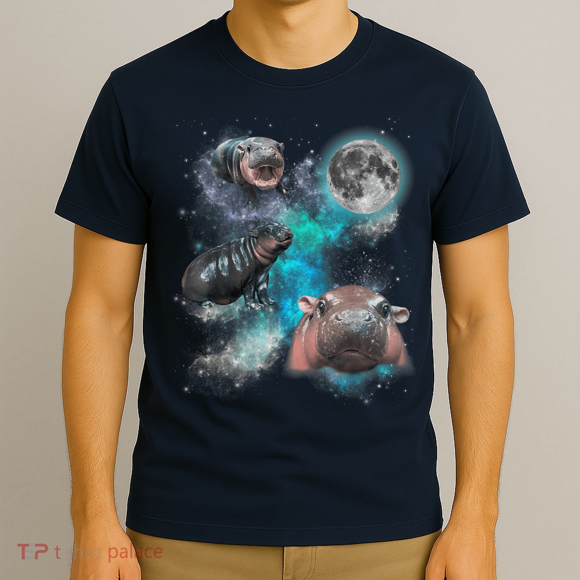 Moo Deng Three Moo Deng Moon Funny Hippo Universe Galaxy T-Shirt