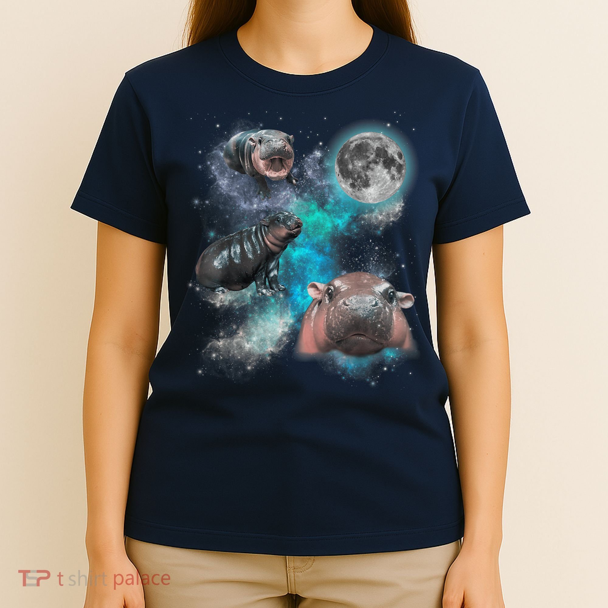 Moo Deng Three Moo Deng Moon Funny Hippo Universe Galaxy T-Shirt