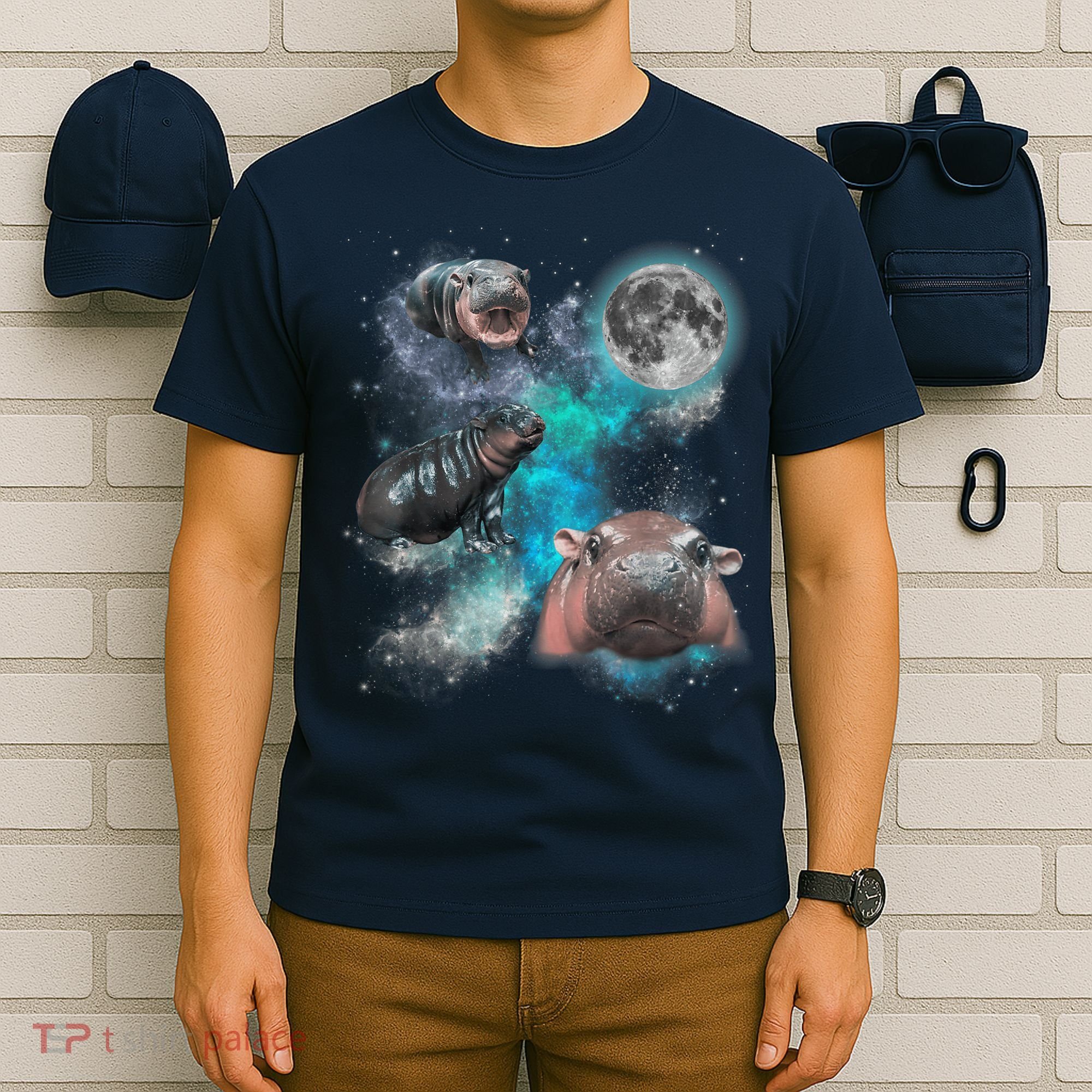 Moo Deng Three Moo Deng Moon Funny Hippo Universe Galaxy T-Shirt