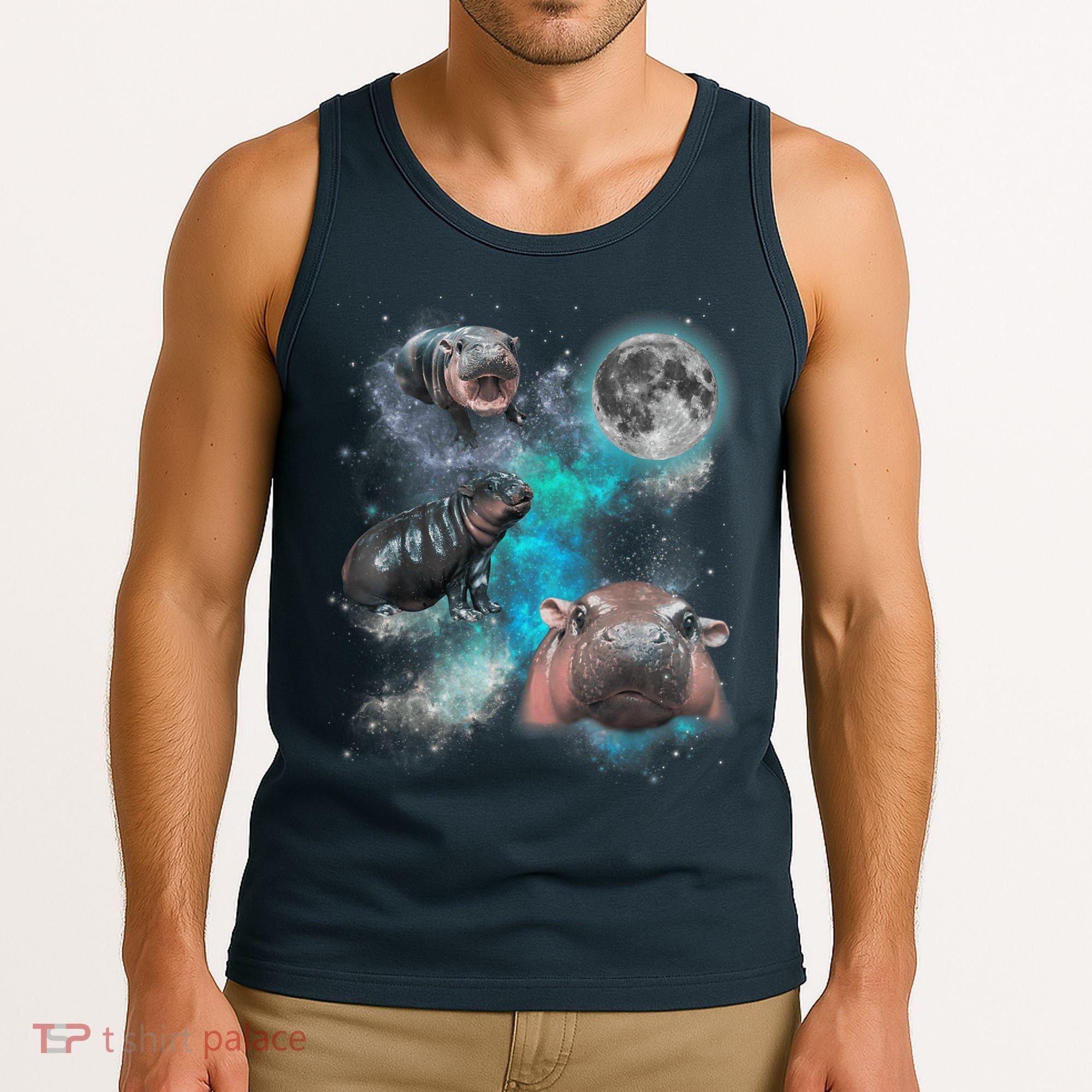 Moo Deng Three Moo Deng Moon Funny Hippo Universe Galaxy Tank Top