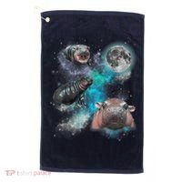 Moo Deng Three Moo Deng Moon Funny Hippo Universe Galaxy Golf Towel thumb 0