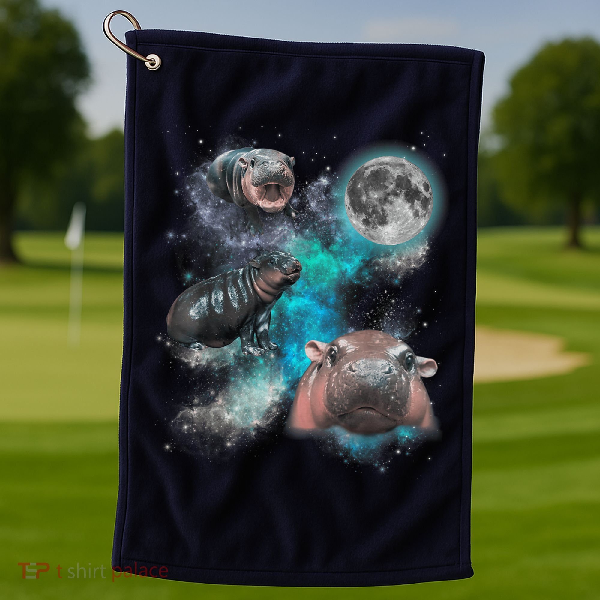 Moo Deng Three Moo Deng Moon Funny Hippo Universe Galaxy Golf Towel