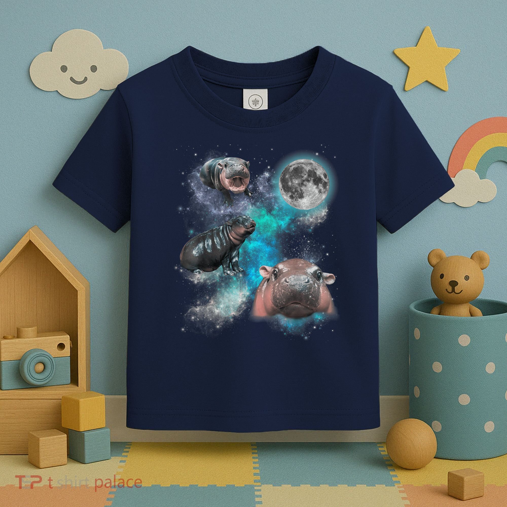 Moo Deng Three Moo Deng Moon Funny Hippo Universe Galaxy Toddler T-Shirt