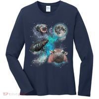 Moo Deng Three Moo Deng Moon Funny Hippo Universe Galaxy Women's Long Sleeve Shirt thumb 0