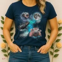 Moo Deng Three Moo Deng Moon Funny Hippo Universe Galaxy Women's T-Shirt thumb 2