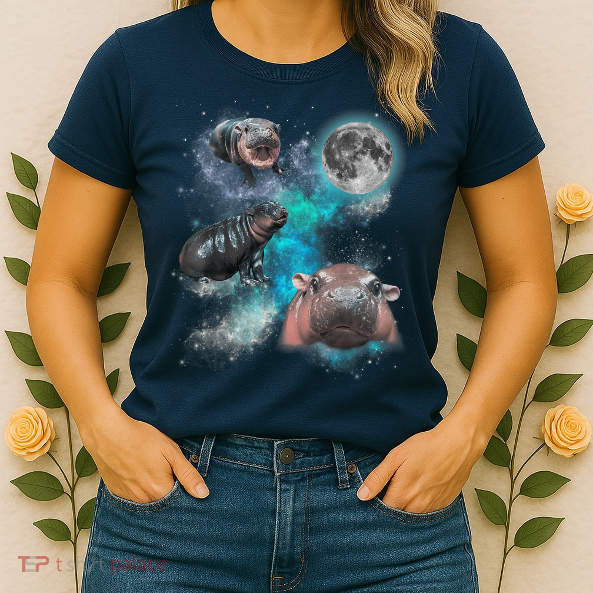 Moo Deng Three Moo Deng Moon Funny Hippo Universe Galaxy Women's T-Shirt