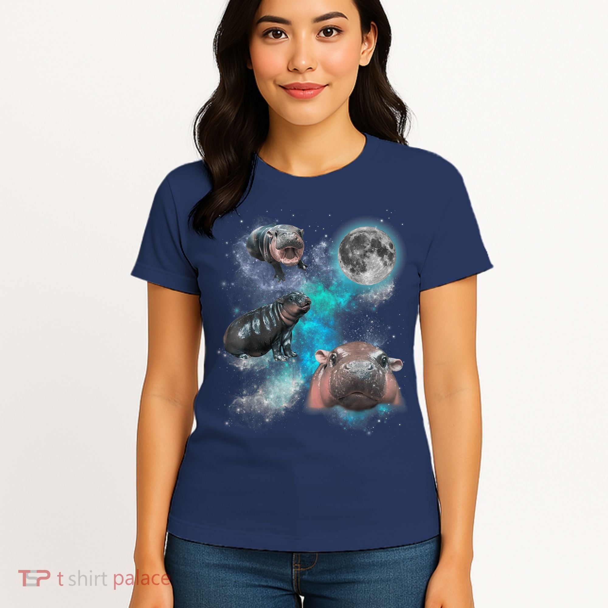 Moo Deng Three Moo Deng Moon Funny Hippo Universe Galaxy Women's T-Shirt
