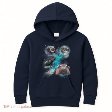 Moo Deng Three Moo Deng Moon Funny Hippo Universe Galaxy Kids Hoodie