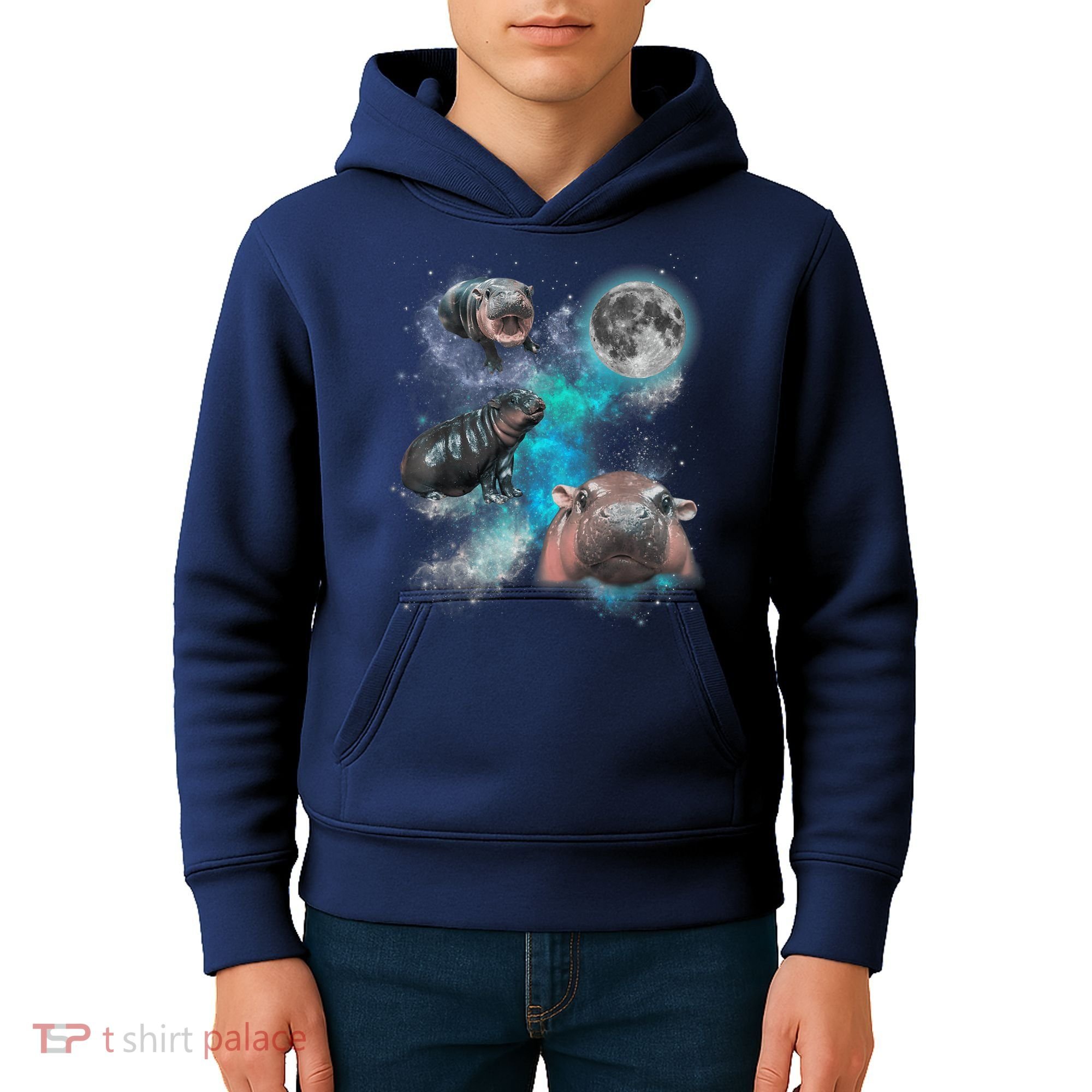 Moo Deng Three Moo Deng Moon Funny Hippo Universe Galaxy Kids Hoodie