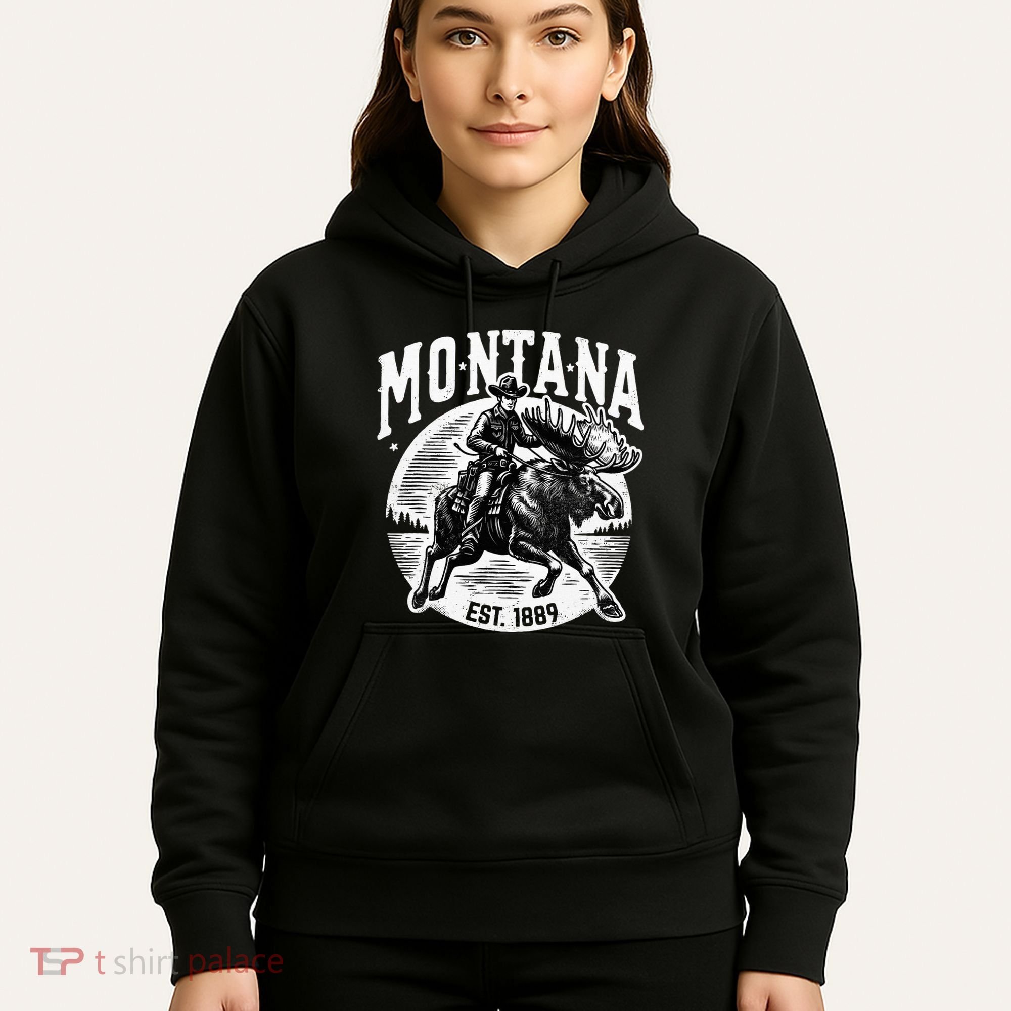 Montana Est. 1889 Cowboy Riding Moose Hoodie