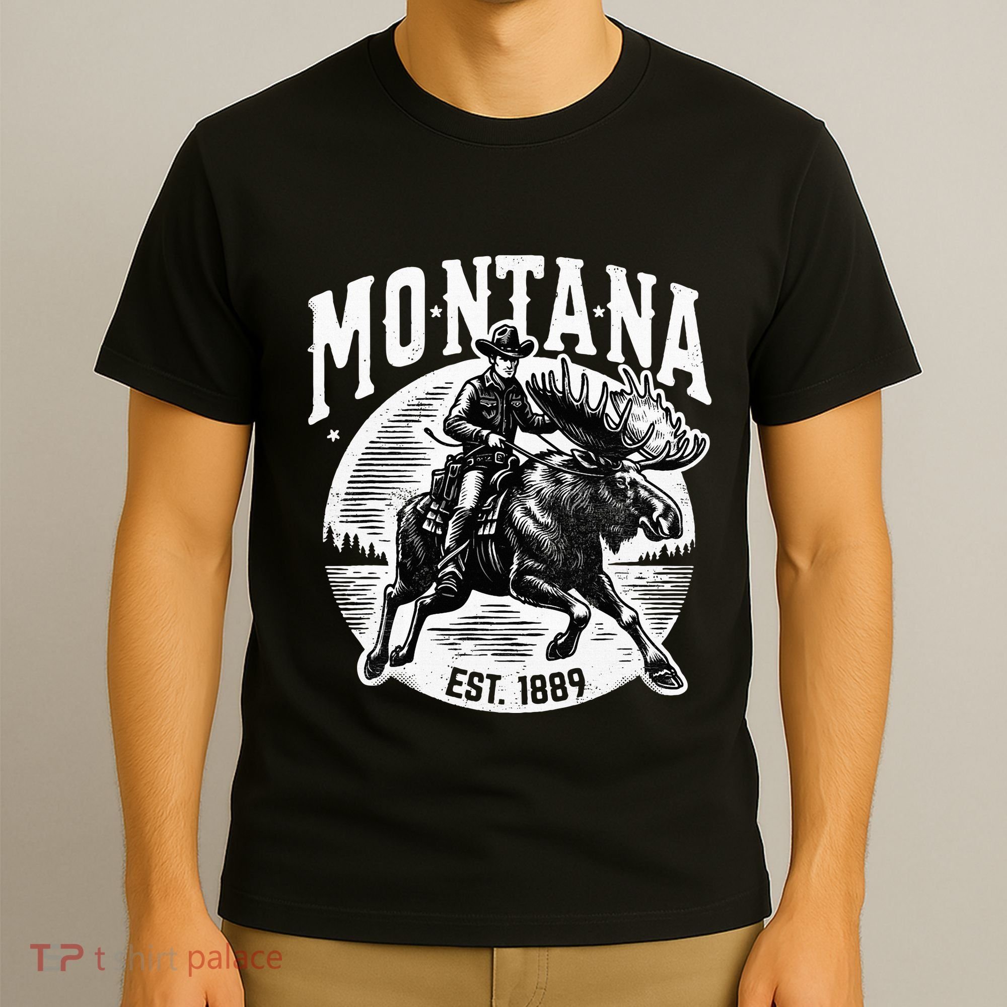 Montana Est. 1889 Cowboy Riding Moose T-Shirt