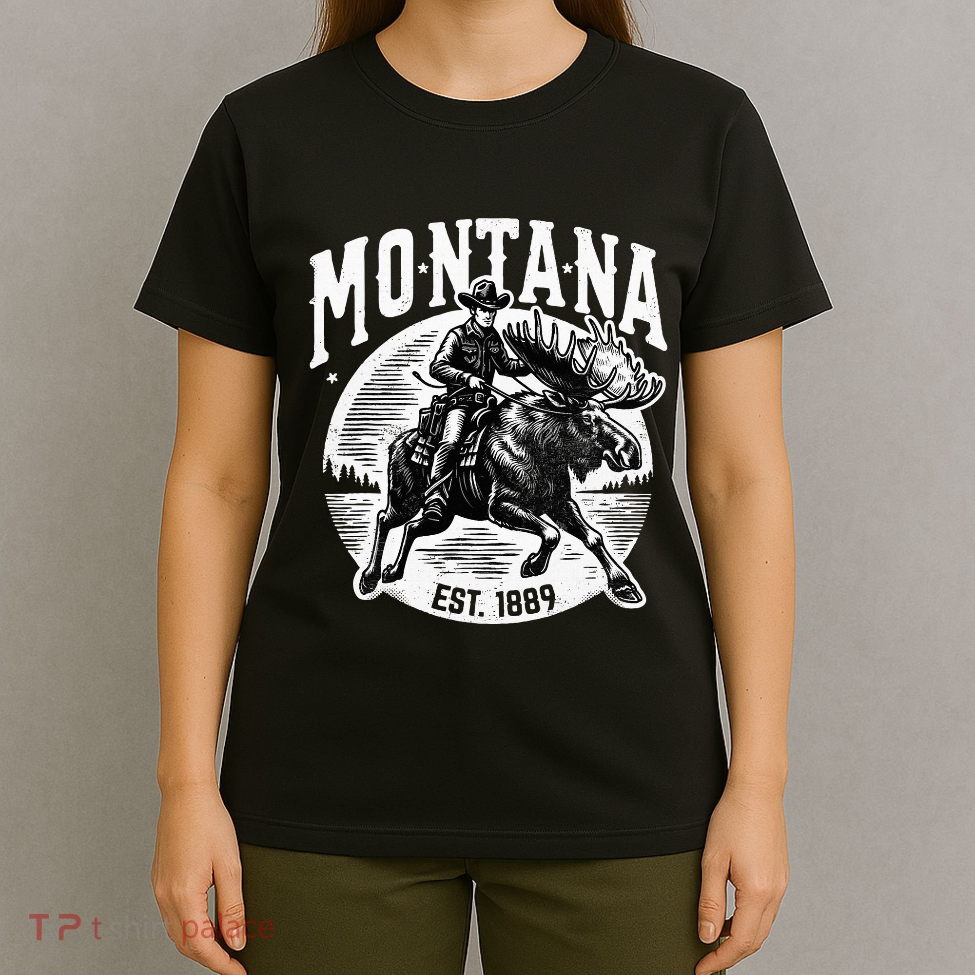 Montana Est. 1889 Cowboy Riding Moose T-Shirt