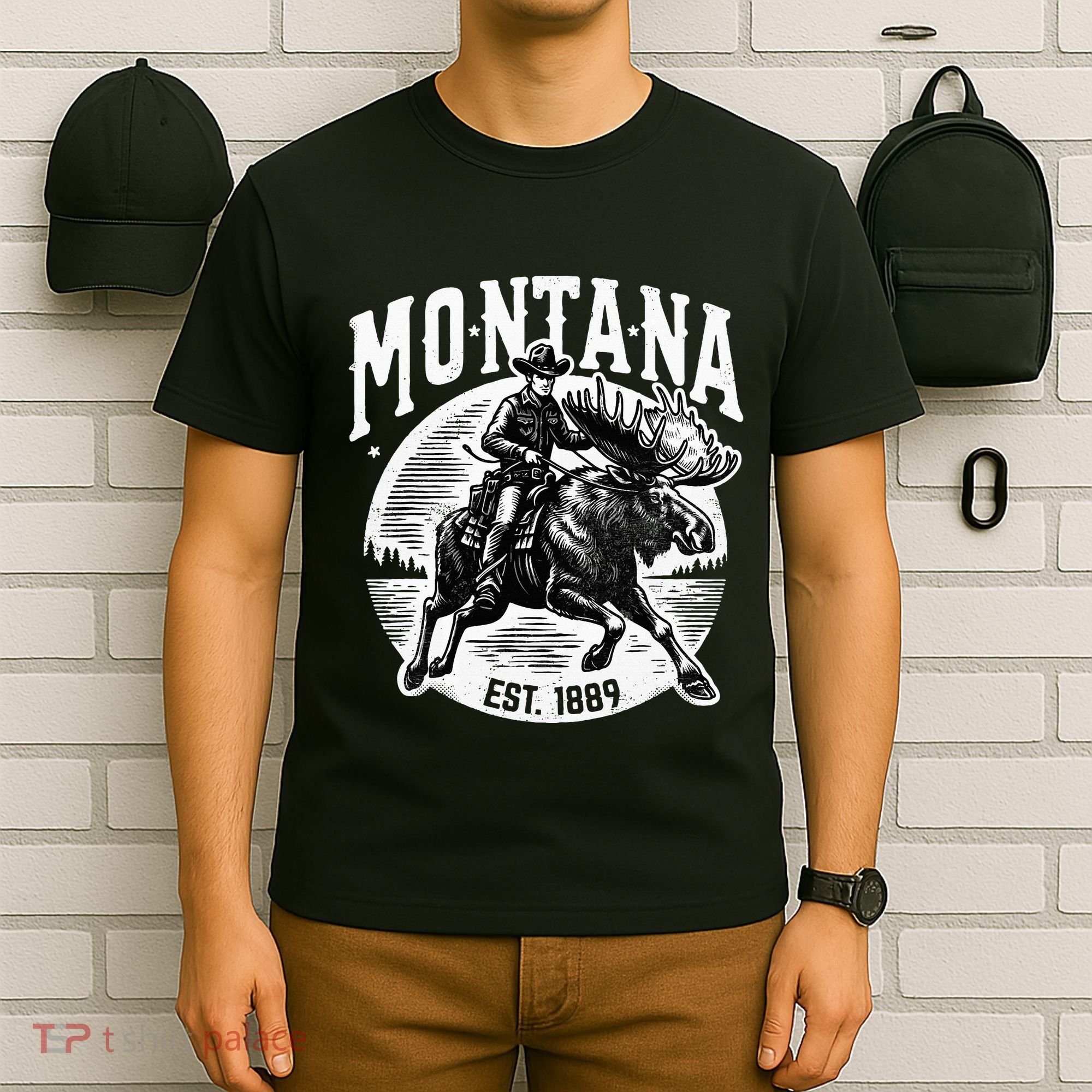 Montana Est. 1889 Cowboy Riding Moose T-Shirt