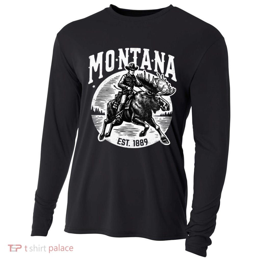 Montana Est. 1889 Cowboy Riding Moose Cooling Performance Long Sleeve ...
