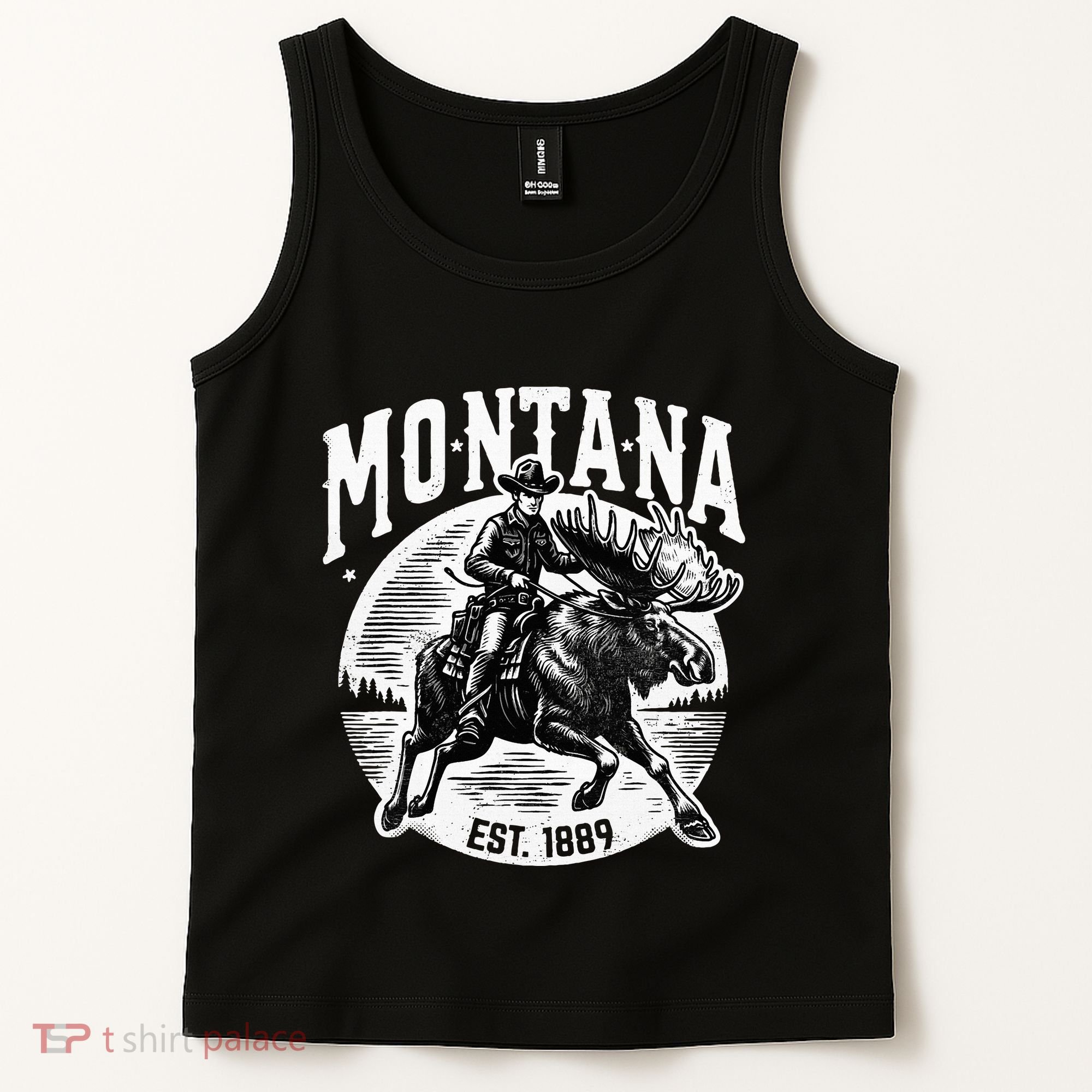 Montana Est. 1889 Cowboy Riding Moose Tank Top