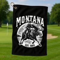Montana Est. 1889 Cowboy Riding Moose Golf Towel thumb 1