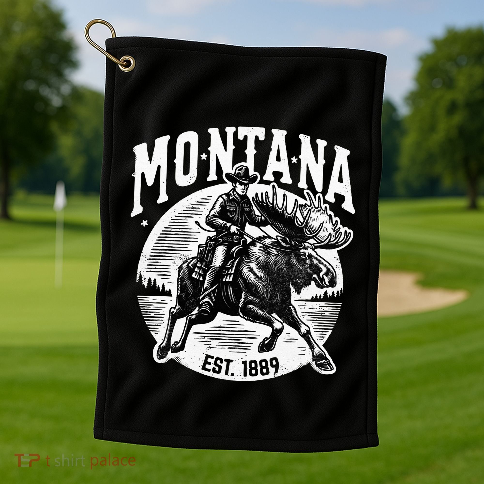 Montana Est. 1889 Cowboy Riding Moose Golf Towel