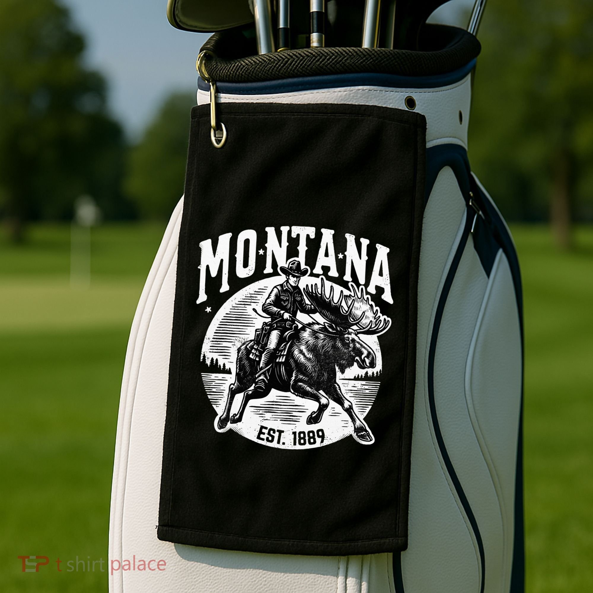 Montana Est. 1889 Cowboy Riding Moose Golf Towel