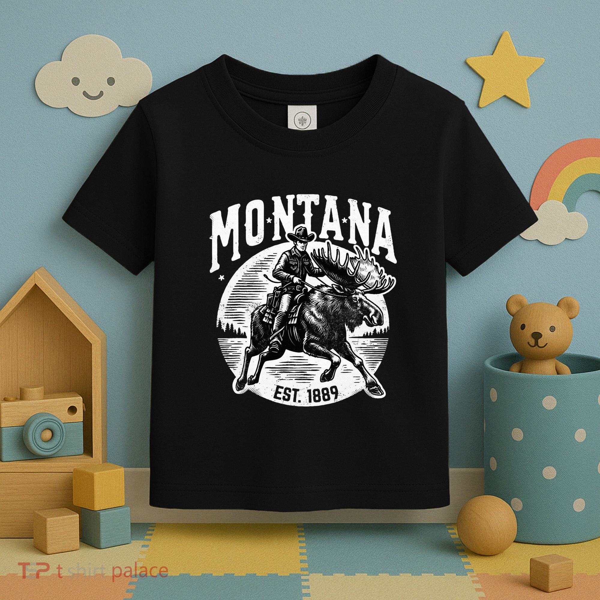 Montana Est. 1889 Cowboy Riding Moose Toddler T-Shirt