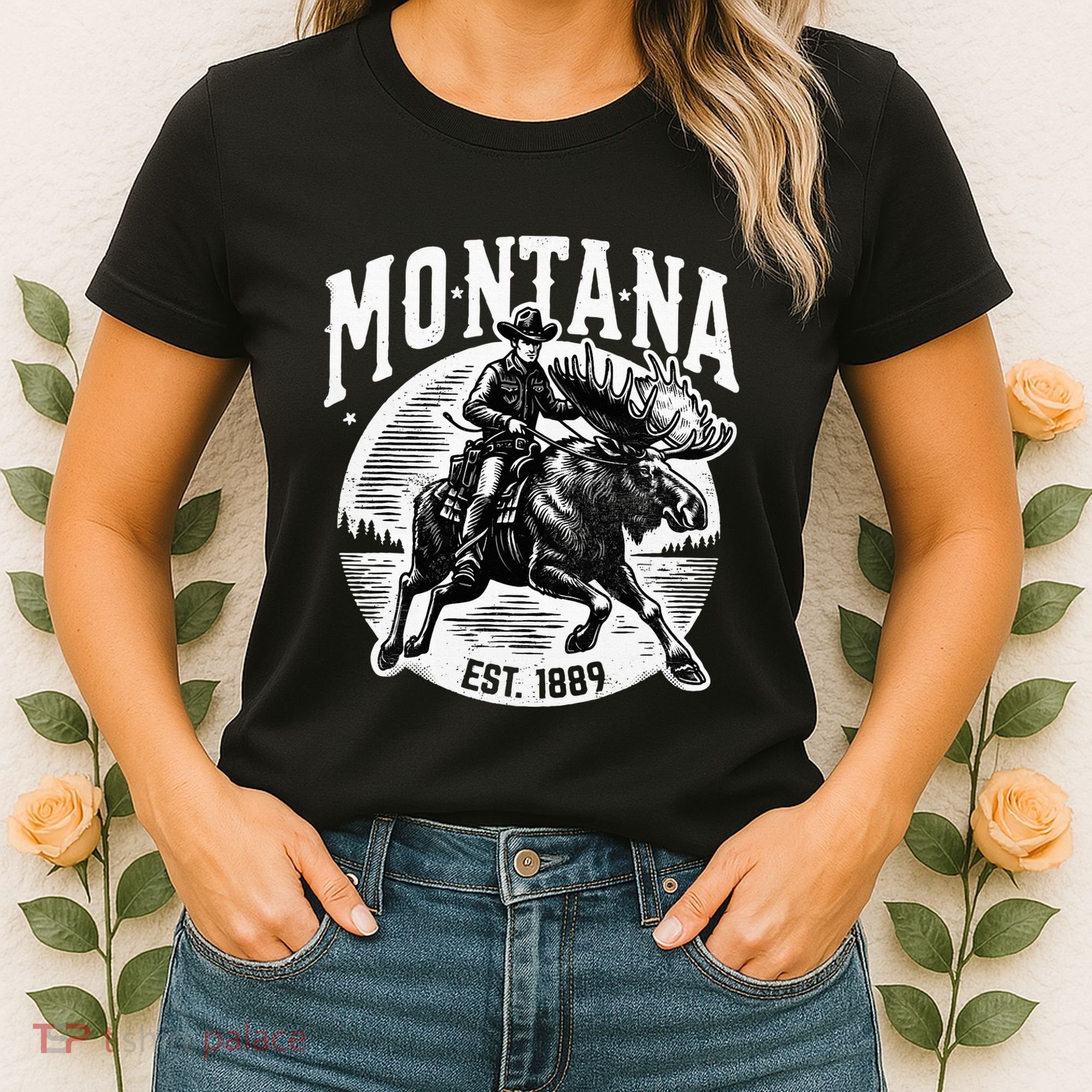 Montana Est. 1889 Cowboy Riding Moose Women's T-Shirt
