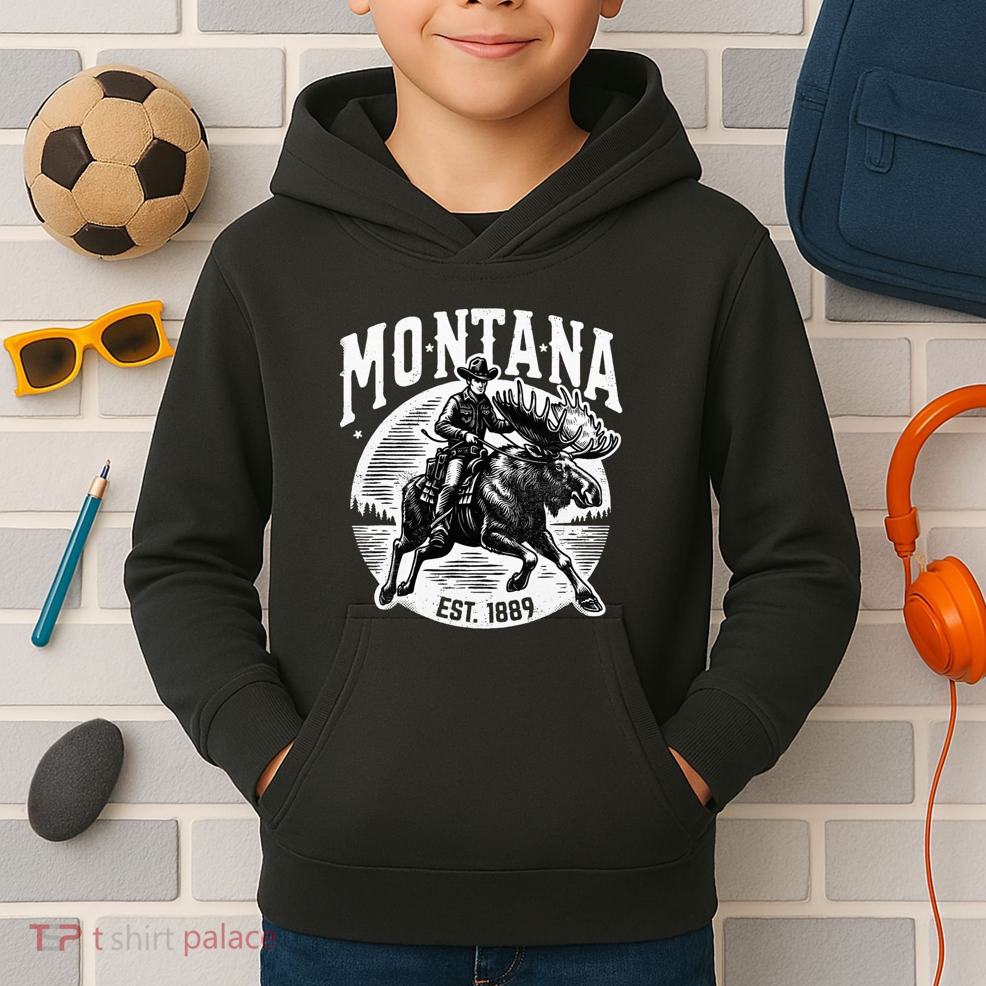 Montana Est. 1889 Cowboy Riding Moose Kids Hoodie