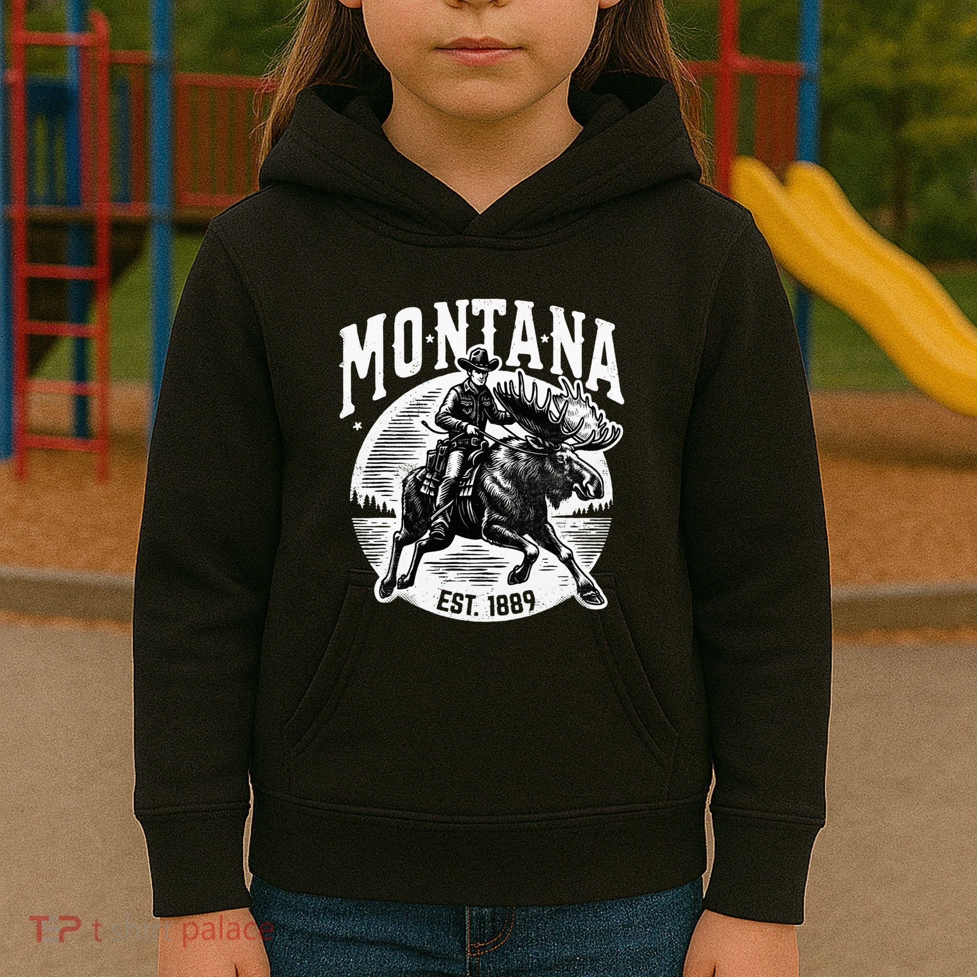 Montana Est. 1889 Cowboy Riding Moose Kids Hoodie