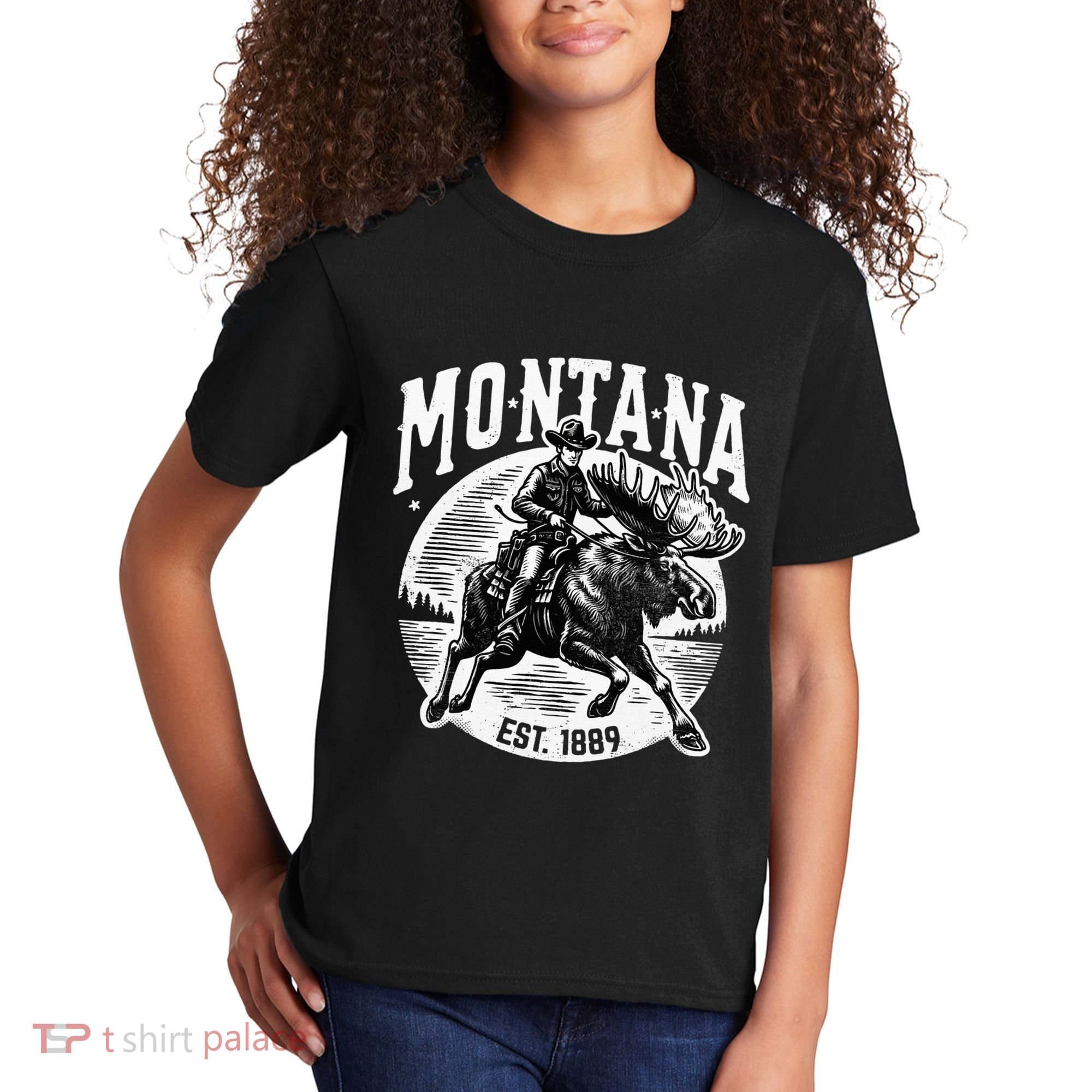 Montana Est. 1889 Cowboy Riding Moose Kids T-Shirt