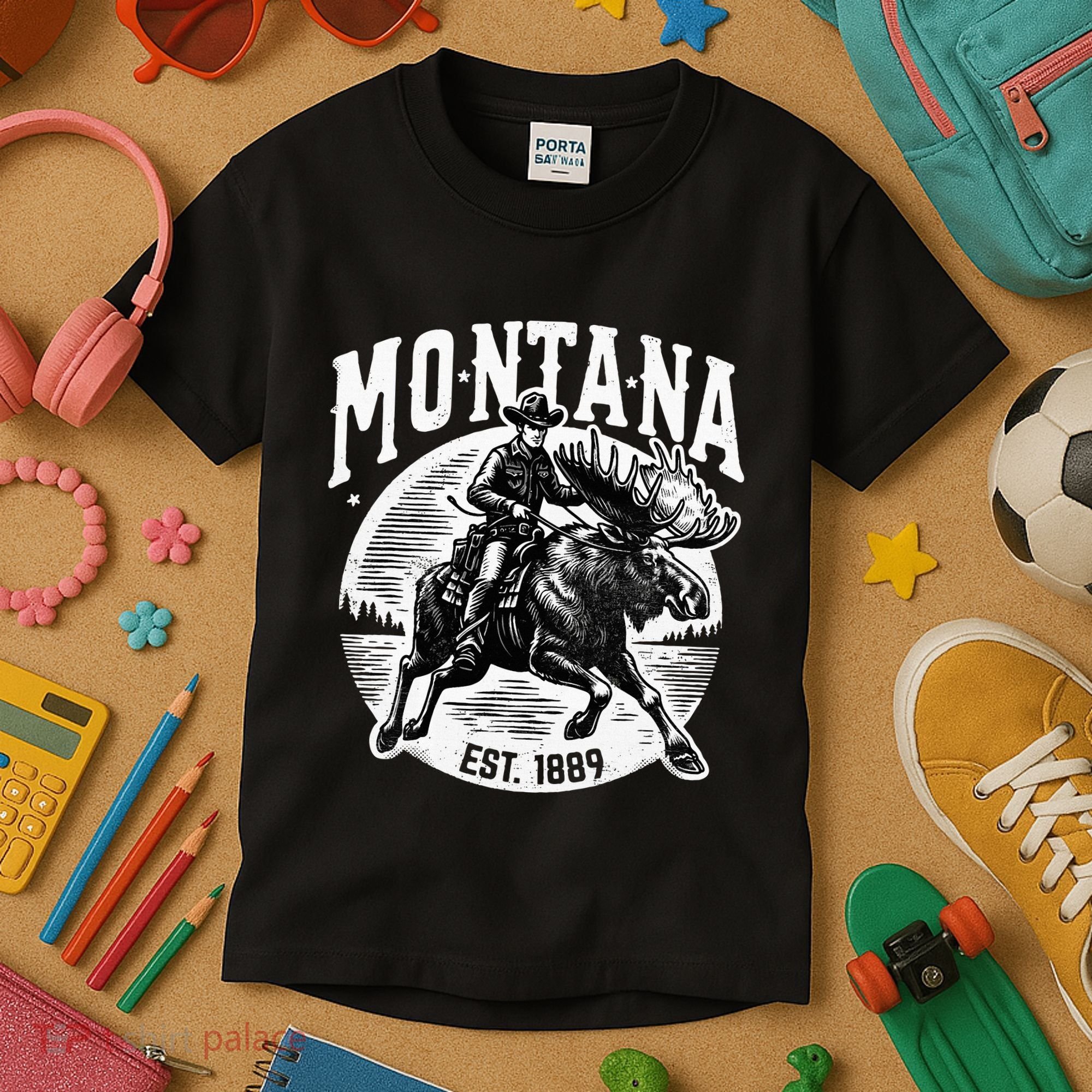 Montana Est. 1889 Cowboy Riding Moose Kids T-Shirt