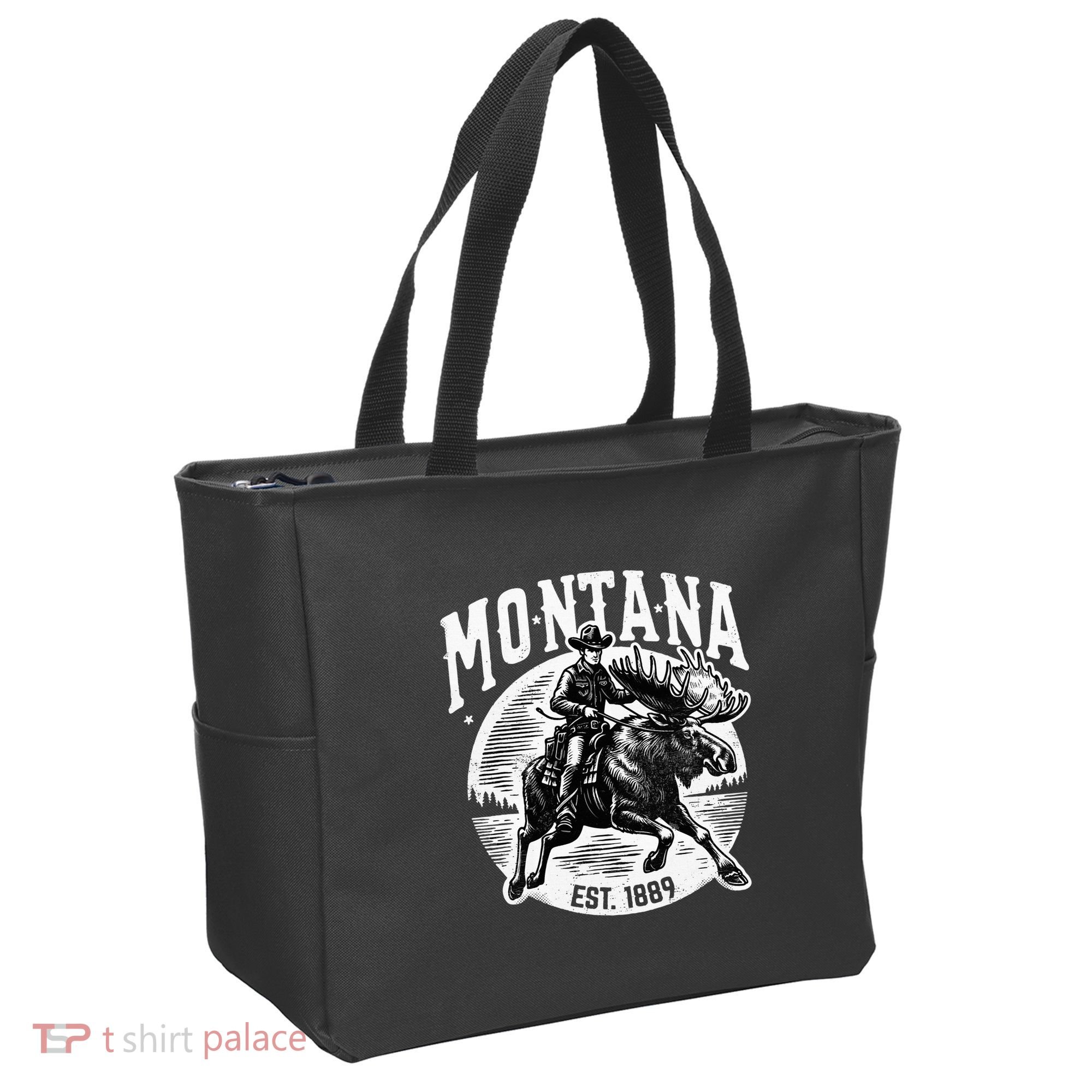 Montana Est. 1889 Cowboy Riding Moose Tote Bag