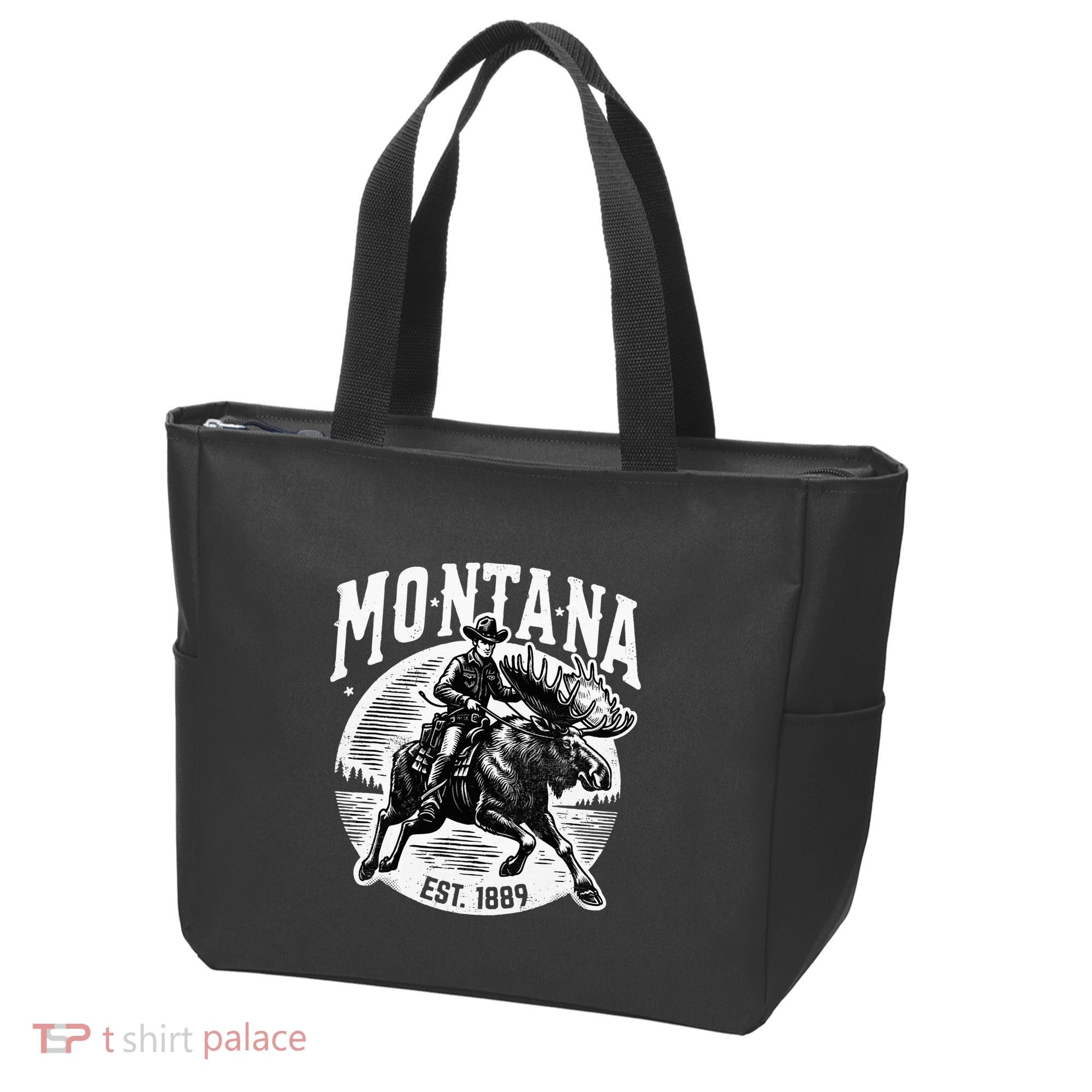 Montana Est. 1889 Cowboy Riding Moose Tote Bag