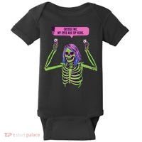 My Eyes Are Up Here Funny Creepy Skeleton Eyeballs Halloween Baby Bodysuit thumb 0