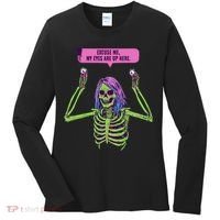 My Eyes Are Up Here Funny Creepy Skeleton Eyeballs Halloween Women's Long Sleeve Shirt thumb 0
