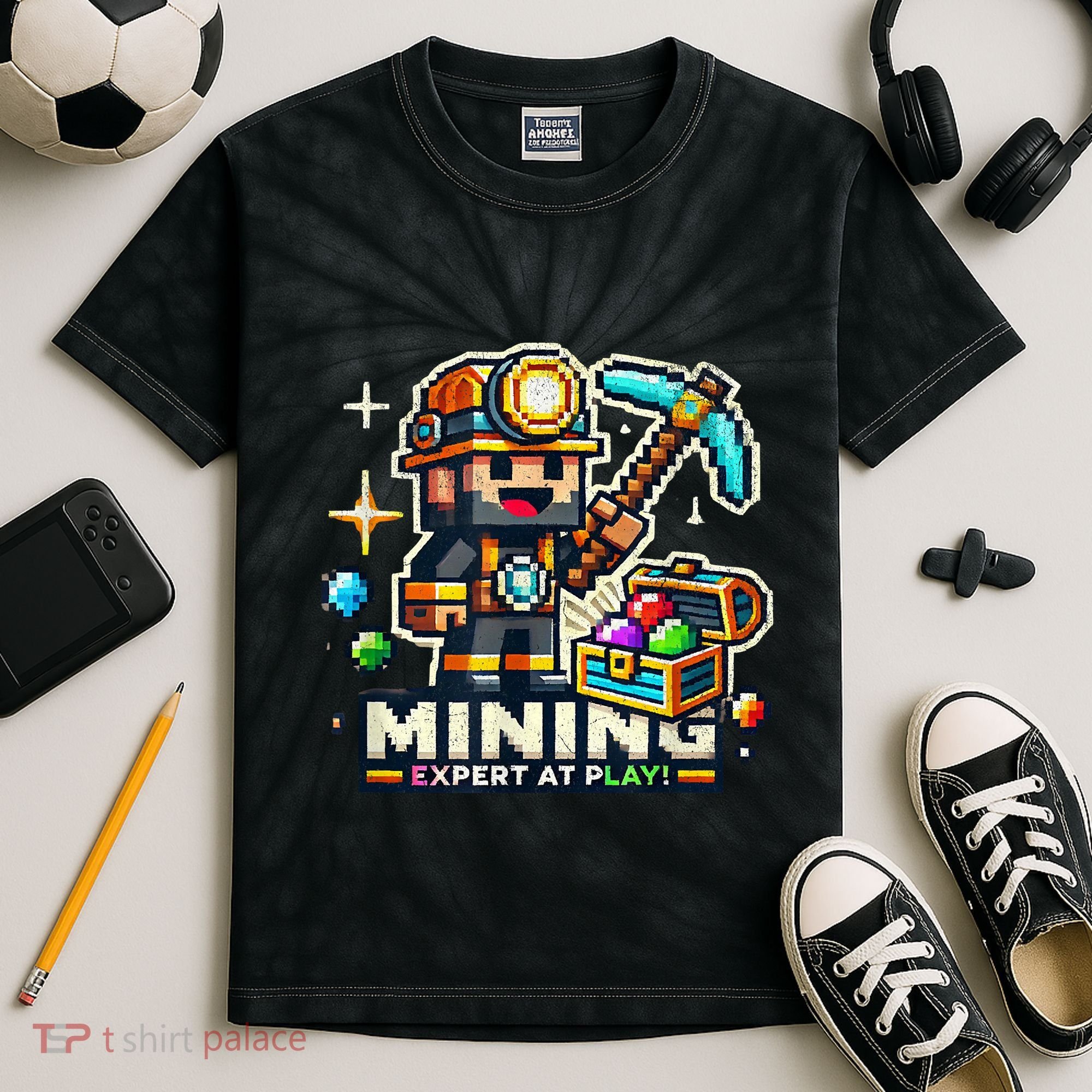 Mining Expert At Play! Pixelated Miner Kids Tie-Dye T-Shirt