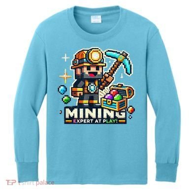 Mining Expert At Play! Pixelated Miner Kids Long Sleeve Shirt
