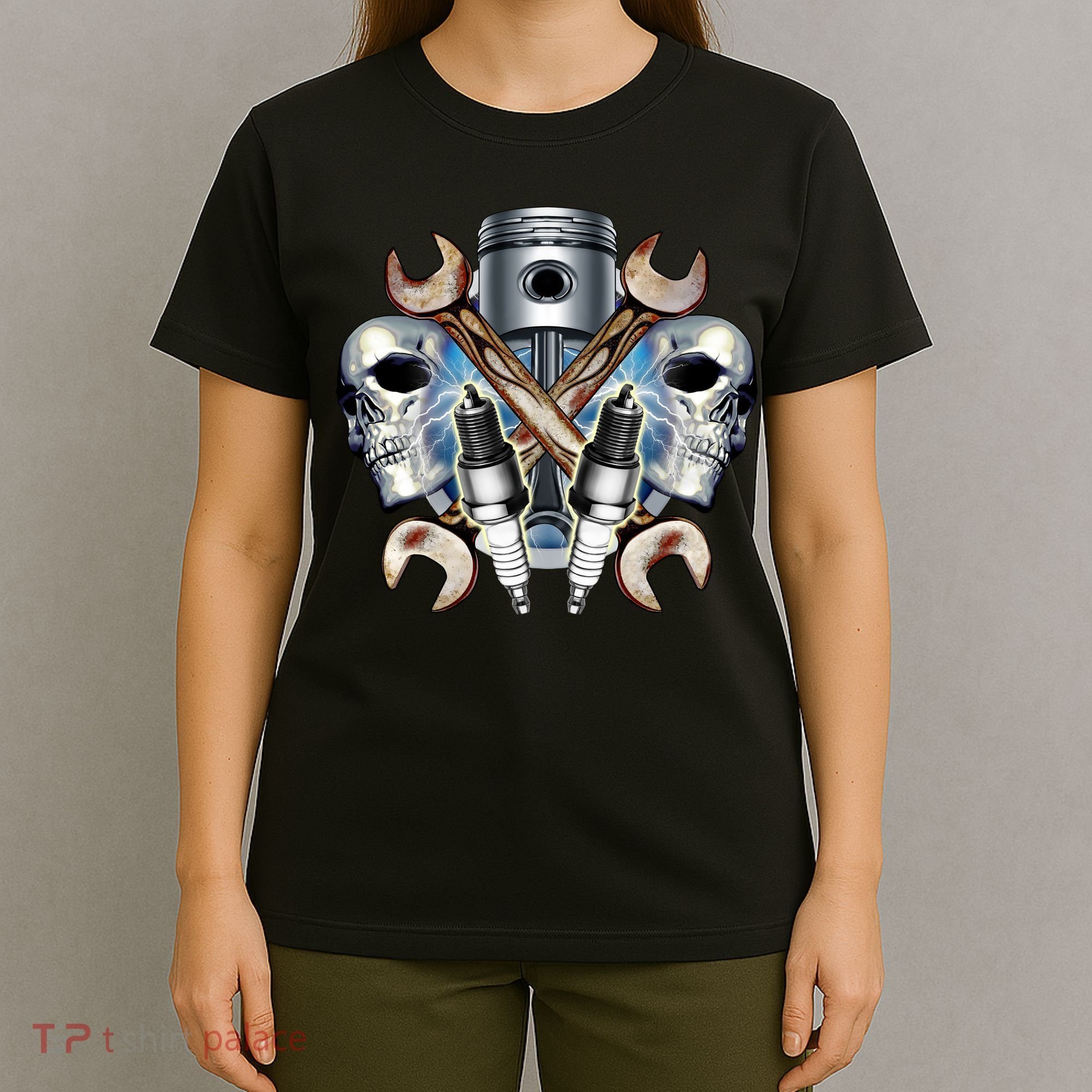 Mechanic Skulls With Wrench & Spark Plugs T-Shirt