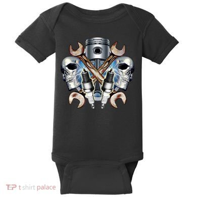 Mechanic Skulls With Wrench & Spark Plugs Baby Bodysuit