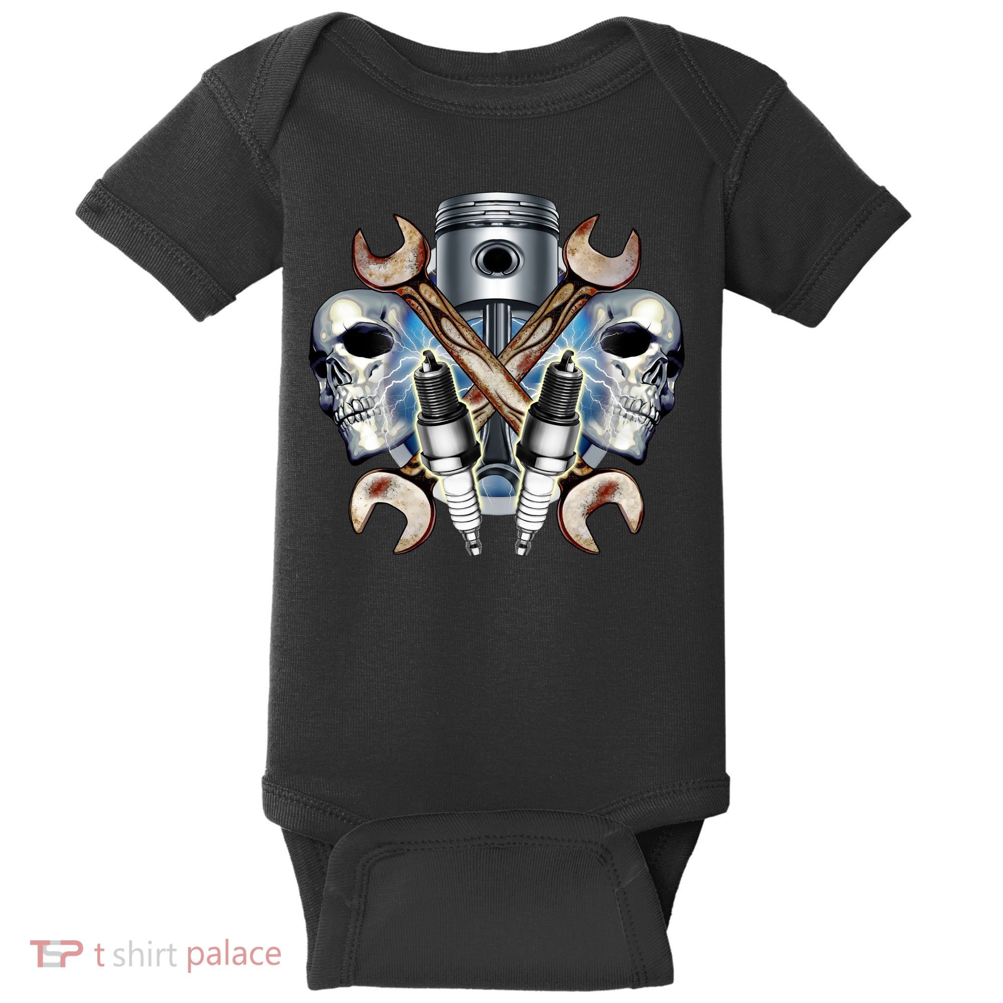 Mechanic Skulls With Wrench & Spark Plugs Baby Bodysuit