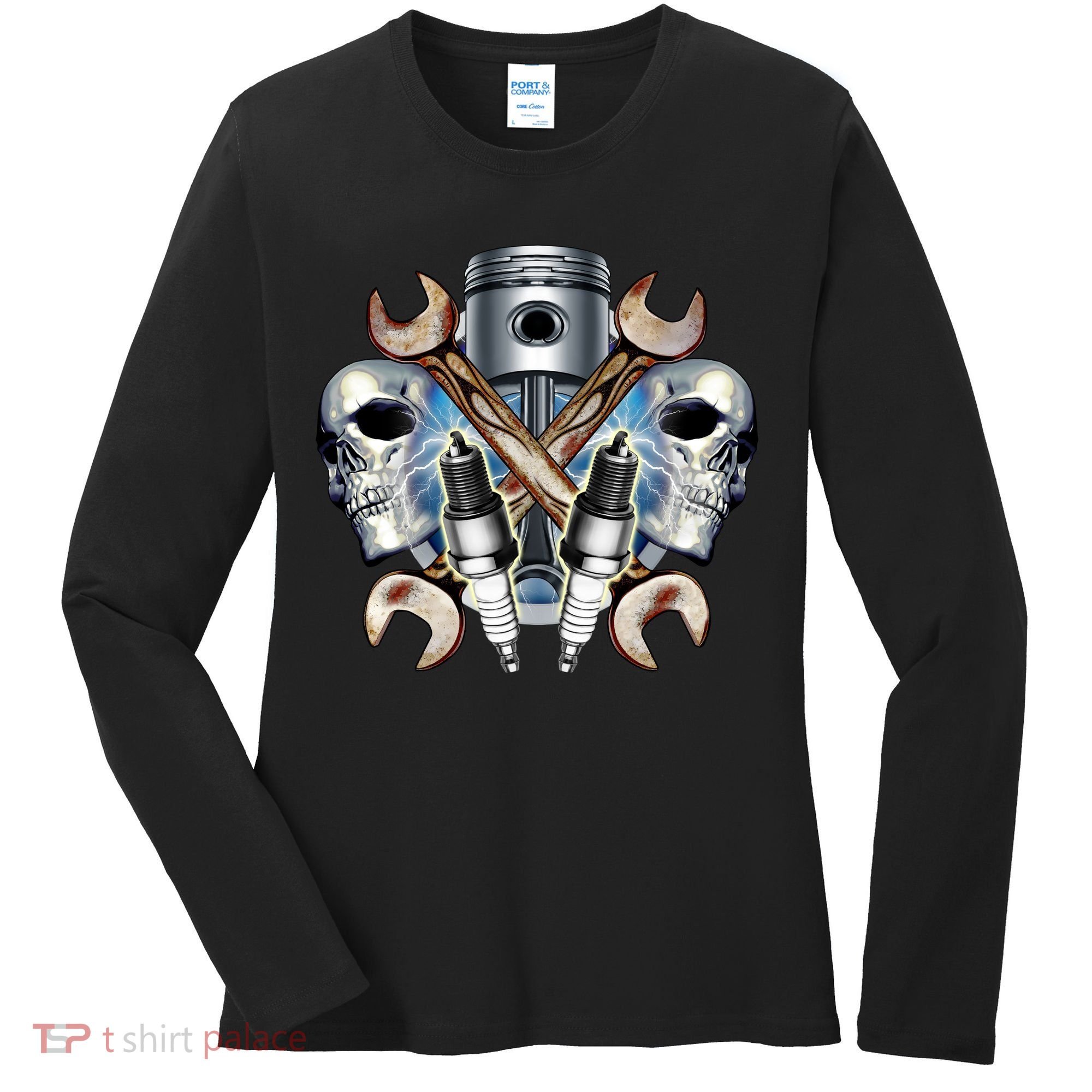 Mechanic Skulls With Wrench & Spark Plugs Women's Long Sleeve Shirt