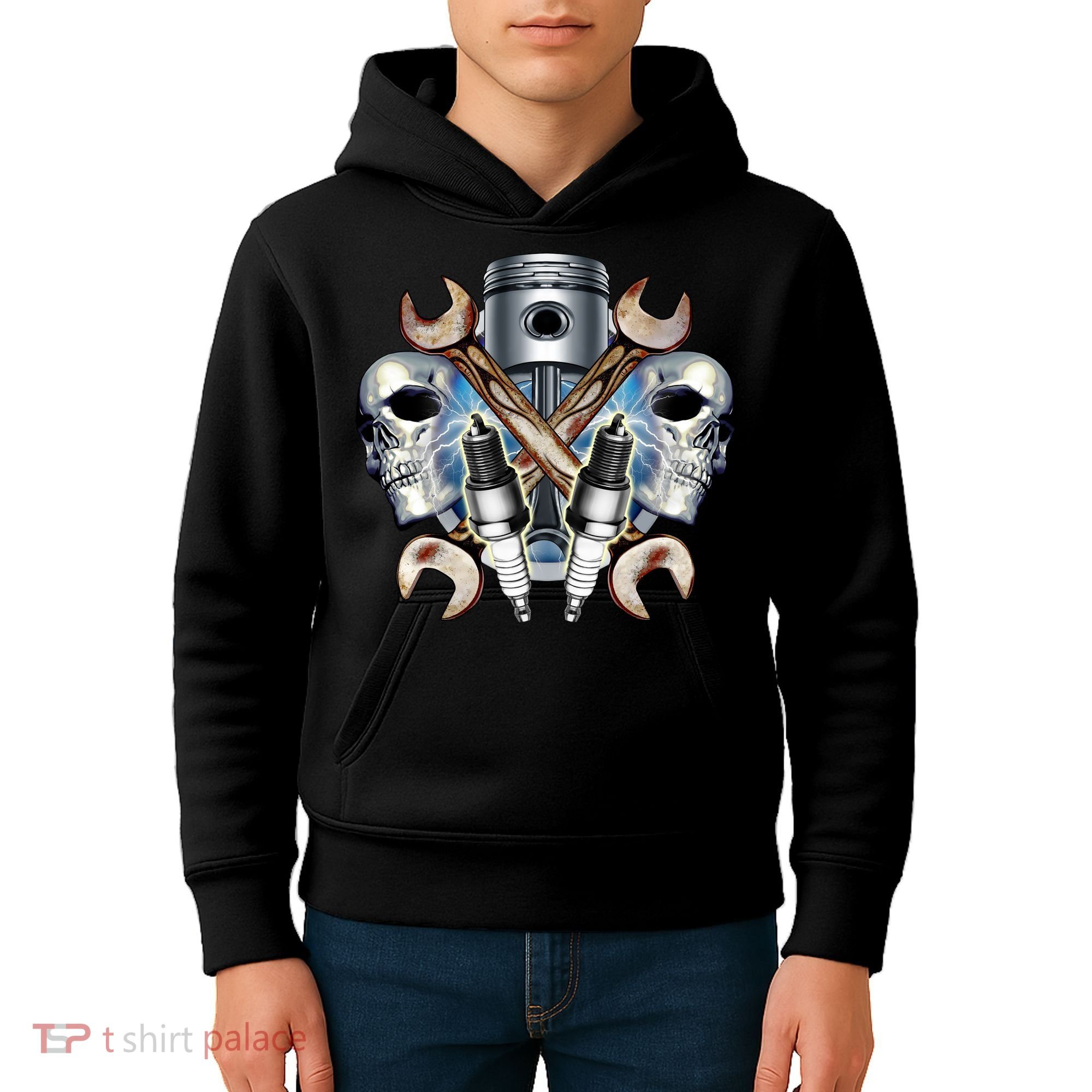 Mechanic Skulls With Wrench & Spark Plugs Kids Hoodie
