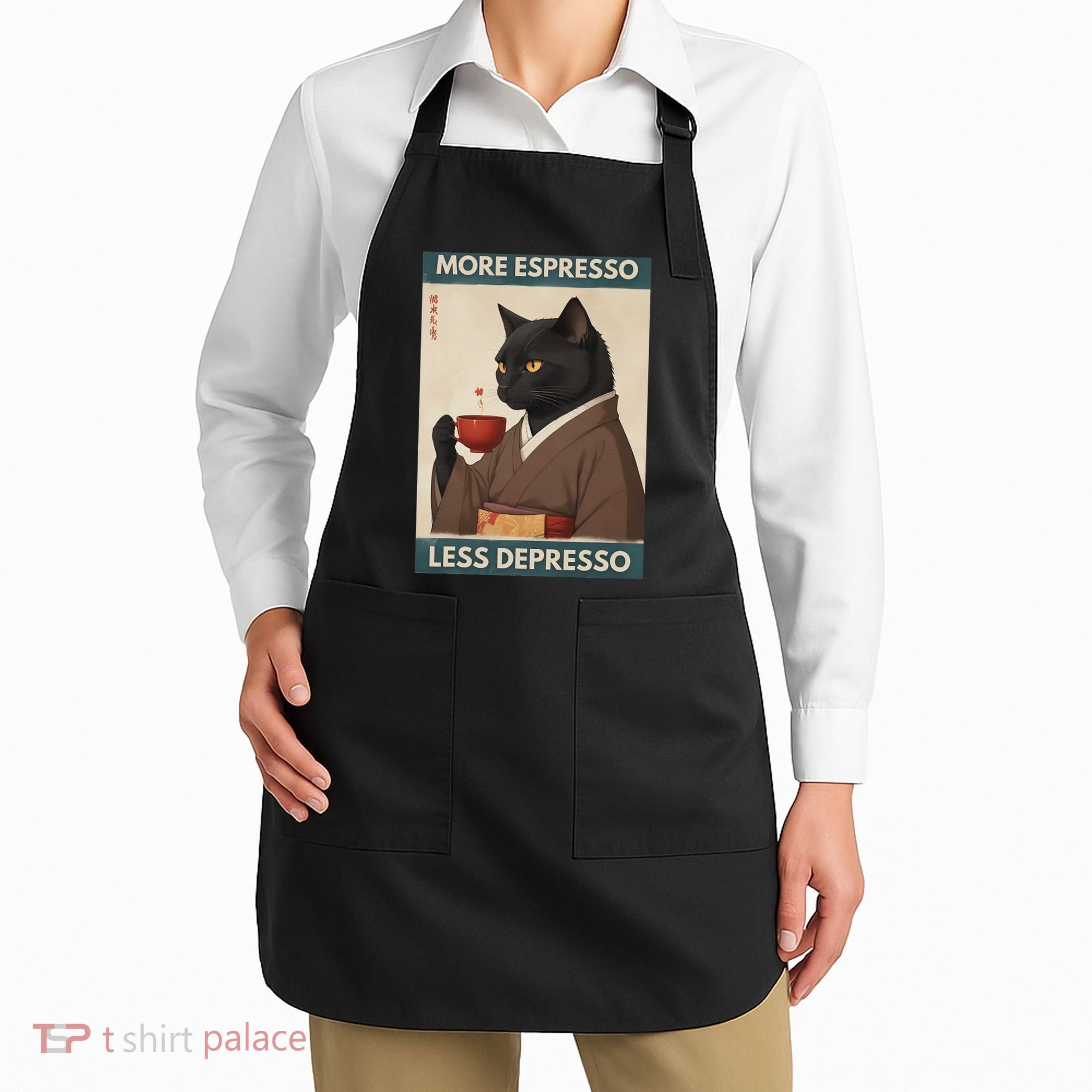 More Espresso Less Depresso Kimono Cat Japanese Art Apron