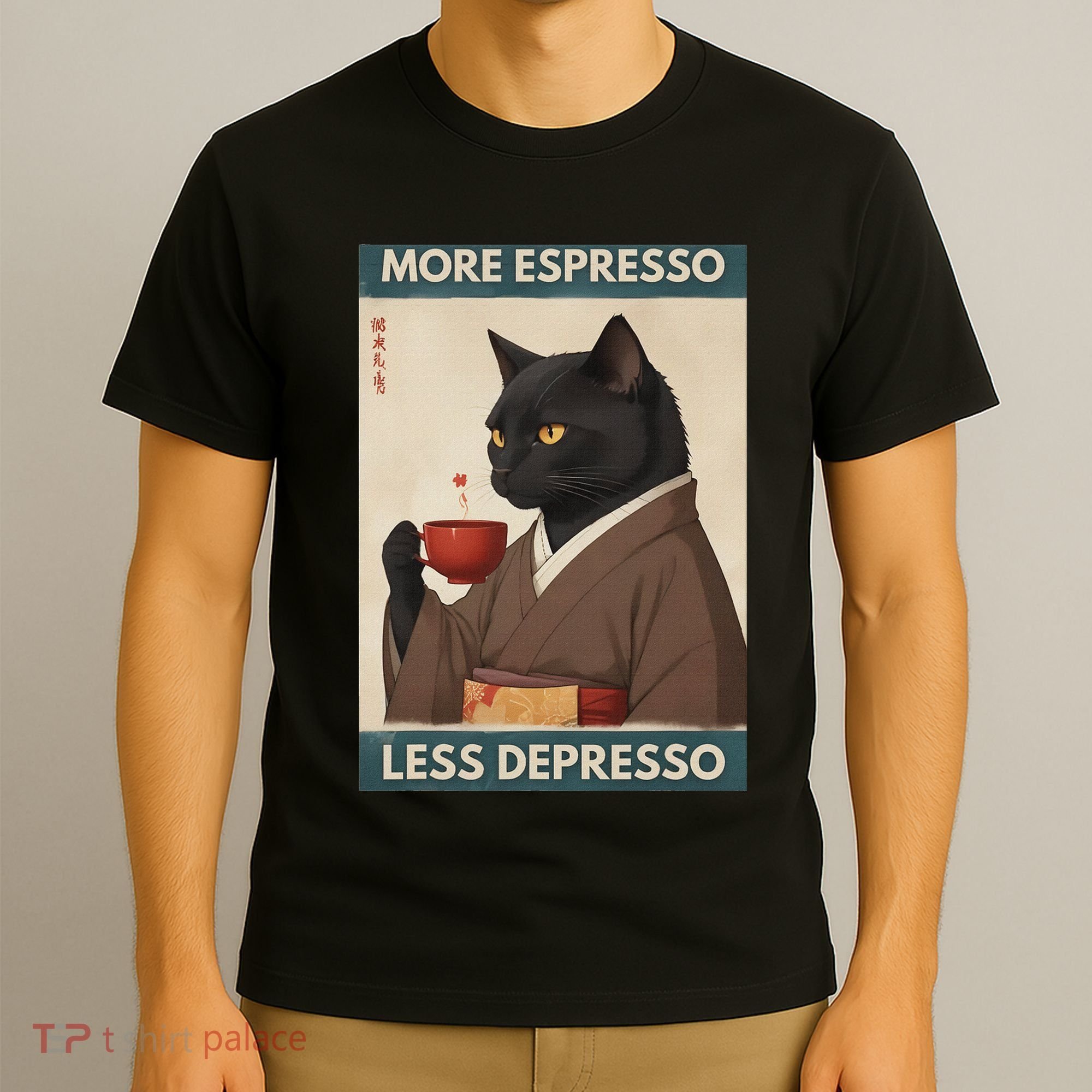 More Espresso Less Depresso Kimono Cat Japanese Art T-Shirt