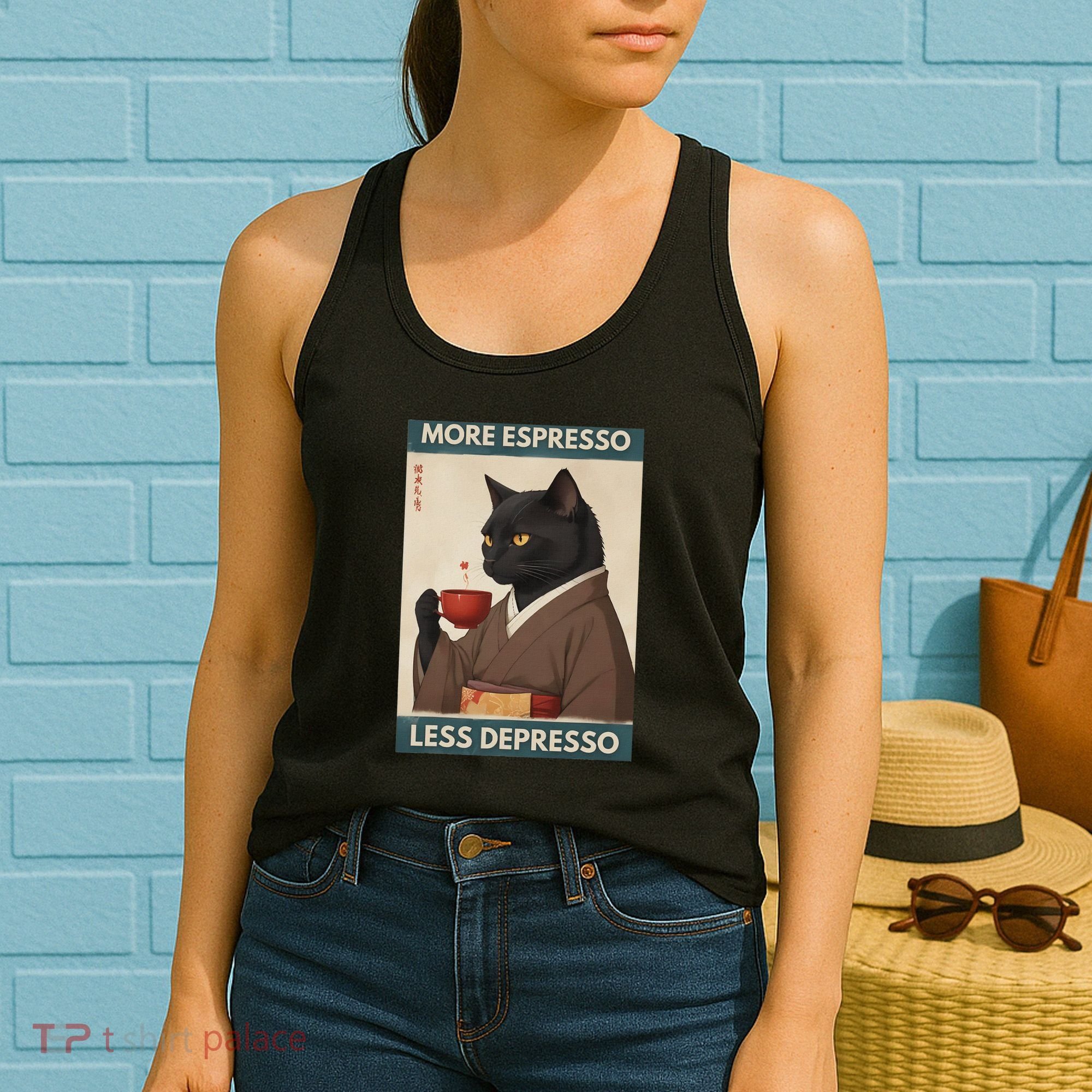 More Espresso Less Depresso Kimono Cat Japanese Art Women's Tank Top