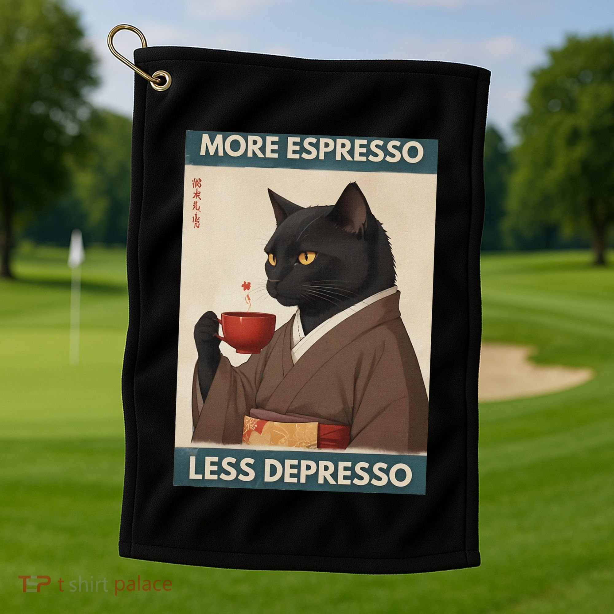 More Espresso Less Depresso Kimono Cat Japanese Art Golf Towel