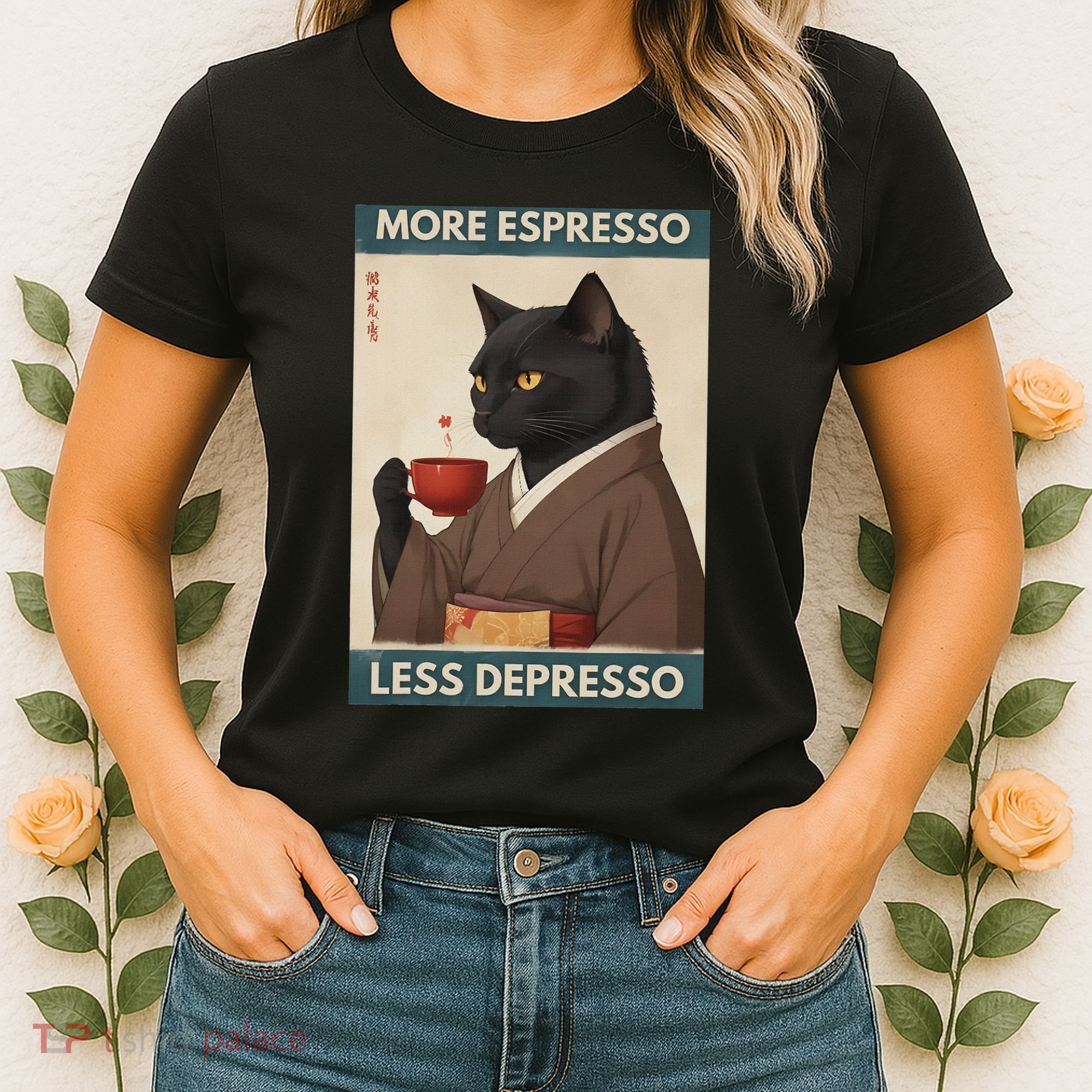 More Espresso Less Depresso Kimono Cat Japanese Art Women's T-Shirt